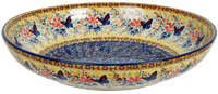 A picture of a Polish Pottery 11.75" Shallow Salad Bowl (Butterfly Bliss) | M173S-WK73 as shown at PolishPotteryOutlet.com/products/11-3-4-shallow-salad-bowl-butterfly-bliss