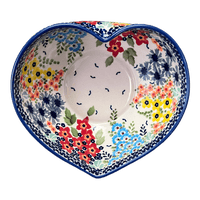 A picture of a Polish Pottery Large Heart Bowl (Brilliant Garden) | M189S-DPLW as shown at PolishPotteryOutlet.com/products/large-heart-bowl-brilliant-garden-m189s-dplw