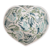 A picture of a Polish Pottery Large Heart Bowl (Scattered Ferns) | M189S-GZ39 as shown at PolishPotteryOutlet.com/products/large-heart-bowl-scattered-ferns-m189s-gz39
