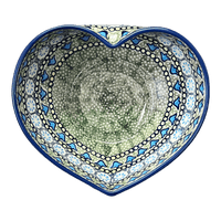 A picture of a Polish Pottery Large Heart Bowl (Blue Bells) | M189S-KLDN as shown at PolishPotteryOutlet.com/products/large-heart-bowl-blue-bells-m189s-kldn