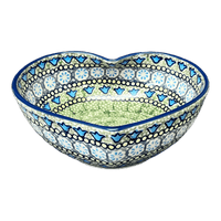 A picture of a Polish Pottery Large Heart Bowl (Blue Bells) | M189S-KLDN as shown at PolishPotteryOutlet.com/products/large-heart-bowl-blue-bells-m189s-kldn