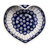 A picture of a Polish Pottery Large Heart Bowl (Peacock in Line) | M189T-54A as shown at PolishPotteryOutlet.com/products/large-heart-bowl-peacock-in-line-m189t-54a