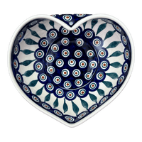 A picture of a Polish Pottery Large Heart Bowl (Peacock) | M189T-54 as shown at PolishPotteryOutlet.com/products/large-heart-bowl-peacock-m189t-54