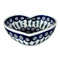 A picture of a Polish Pottery Large Heart Bowl (Peacock) | M189T-54 as shown at PolishPotteryOutlet.com/products/large-heart-bowl-peacock-m189t-54