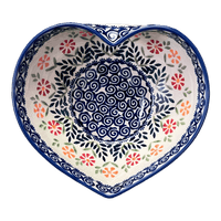 A picture of a Polish Pottery Large Heart Bowl (Flower Power) | M189T-JS14 as shown at PolishPotteryOutlet.com/products/large-heart-bowl-flower-power-m189t-js14