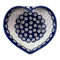 A picture of a Polish Pottery Large Heart Bowl (Peacock Dot) | M189U-54K as shown at PolishPotteryOutlet.com/products/large-heart-bowl-peacock-dot-m189u-54k