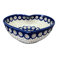 A picture of a Polish Pottery Large Heart Bowl (Peacock Dot) | M189U-54K as shown at PolishPotteryOutlet.com/products/large-heart-bowl-peacock-dot-m189u-54k