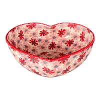 A picture of a Polish Pottery Large Heart Bowl (Scarlet Daisy) | M189U-AS73 as shown at PolishPotteryOutlet.com/products/large-heart-bowl-scarlet-daisy-m189u-as73