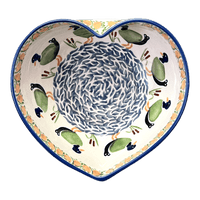 A picture of a Polish Pottery Large Heart Bowl (Ducks in a Row) | M189U-P323 as shown at PolishPotteryOutlet.com/products/large-heart-bowl-ducks-in-a-row-m189u-p323