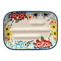 A picture of a Polish Pottery Rectangular Soap Dish (Brilliant Garden) | M191S-DPLW as shown at PolishPotteryOutlet.com/products/rectangular-soap-dish-brilliant-garden-m191s-dplw