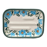 A picture of a Polish Pottery Rectangular Soap Dish (Baby Blue Blossoms) | M191S-JS49 as shown at PolishPotteryOutlet.com/products/rectangular-soap-dish-baby-blue-blossoms-m191s-js49