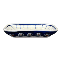 A picture of a Polish Pottery Soap Dish (Peacock in Line) | M191T-54A as shown at PolishPotteryOutlet.com/products/rectangular-soap-dish-peacock-in-line-m191t-54a