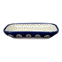 A picture of a Polish Pottery Soap Dish (Peacock Dot) | M191U-54K as shown at PolishPotteryOutlet.com/products/rectangular-soap-dish-peacock-dot-m191u-54k