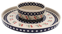 A picture of a Polish Pottery Chip and Dip Platter (Cherry Dot) | N007T-70WI as shown at PolishPotteryOutlet.com/products/cake-plate-hors-doeuvres-combo-cherry-dot-n007t-70wi