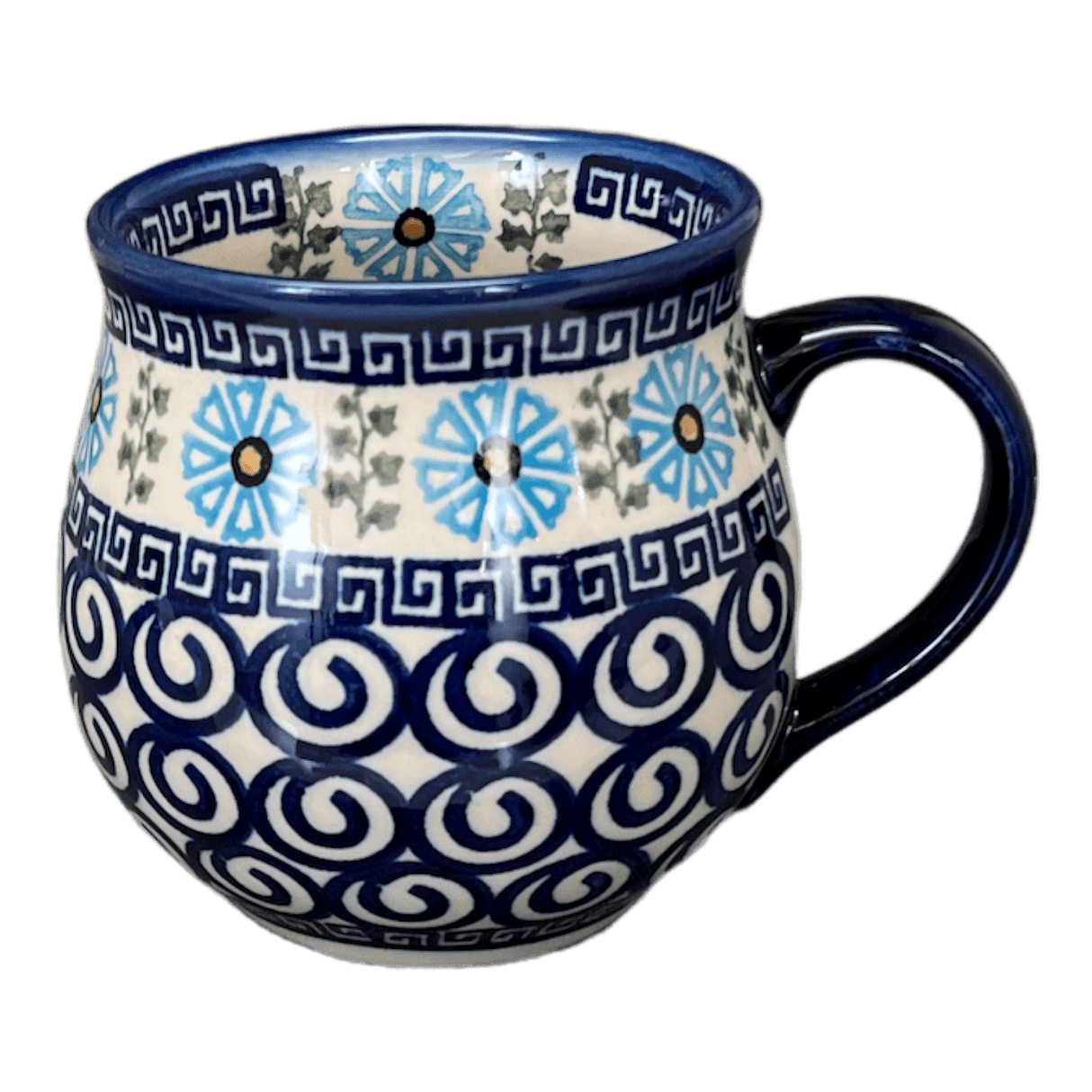 Mug, Belly Mug, 16 oz Large in "Blue Daisy Spiral" by Andy | NDA10-38