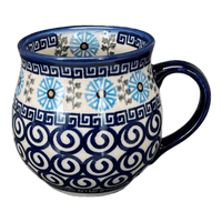 A picture of a Polish Pottery 16 oz. Large Belly Mug (Blue Daisy Spiral) | NDA10-38 as shown at PolishPotteryOutlet.com/products/large-belly-mug-blue-daisy-spiral-nda10-38