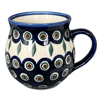 A picture of a Polish Pottery 16 oz. Large Belly Mug (Peacock) | NDA10-43 as shown at PolishPotteryOutlet.com/products/large-belly-mug-peacock-nda10-43