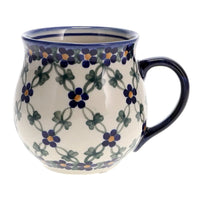 A picture of a Polish Pottery 16 oz. Large Belly Mug (Blue Lattice) | NDA10-6 as shown at PolishPotteryOutlet.com/products/large-belly-mug-blue-lattice