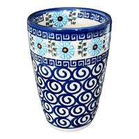 A picture of a Polish Pottery Large Tumbler (Blue Daisy Spiral) | NDA11-38 as shown at PolishPotteryOutlet.com/products/large-tumbler-blue-daisy-spiral-nda11-38