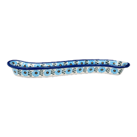 A picture of a Polish Pottery Curved Olive Boat (Blue Daisy Spiral) | NDA132-38 as shown at PolishPotteryOutlet.com/products/curved-olive-boat-blue-daisy-spiral-nda132-38