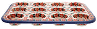 A picture of a Polish Pottery 12 Cup Mini Muffin Pan (Red Lattice) | NDA169-20 as shown at PolishPotteryOutlet.com/products/12-cup-mini-muffin-pan-red-lattice-nda169-20