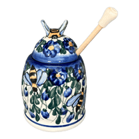 A picture of a Polish Pottery Honey Jar (Blue Cascade) | NDA18-A31 as shown at PolishPotteryOutlet.com/products/honey-jar-blue-cascade-nda18-31