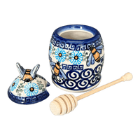 A picture of a Polish Pottery Honey Jar (Blue Daisy Spiral) | NDA18-38 as shown at PolishPotteryOutlet.com/products/honey-jar-blue-daisy-spiral-nda18-38