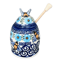 A picture of a Polish Pottery Honey Jar (Blue Daisy Spiral) | NDA18-38 as shown at PolishPotteryOutlet.com/products/honey-jar-blue-daisy-spiral-nda18-38
