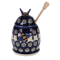 A picture of a Polish Pottery Honey Jar (Peacock) | NDA18-43 as shown at PolishPotteryOutlet.com/products/honey-jar-peacock
