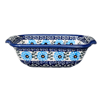A picture of a Polish Pottery Small Bread Baker (Blue Daisy Spiral) | NDA180-38 as shown at PolishPotteryOutlet.com/products/small-bread-baker-blue-daisy-spiral-nda180-38