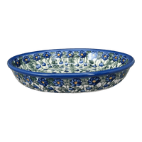 A picture of a Polish Pottery Oval Baker (Blue Cascade) | NDA187-A31 as shown at PolishPotteryOutlet.com/products/oval-baker-blue-cascade-nda187-31