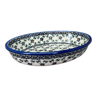 A picture of a Polish Pottery Oval Baker (Blue Lattice) | NDA187-6 as shown at PolishPotteryOutlet.com/products/oval-baker-blue-lattice-nda187-6