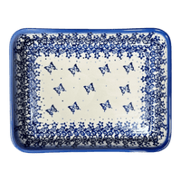 A picture of a Polish Pottery 7.5" x 10" Rectangular Baker (Butterfly Blues) | NDA204-17 as shown at PolishPotteryOutlet.com/products/7-5-x-10-rectangular-baker-butterfly-blues-nda204-17