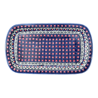 A picture of a Polish Pottery Shallow Serving Tray (Bowties & Blossoms) | NDA210-21 as shown at PolishPotteryOutlet.com/products/shallow-serving-tray-bowties-blossoms-nda210-21