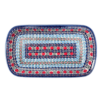A picture of a Polish Pottery Shallow Serving Tray (Pom-Pom Flower) | NDA210-30 as shown at PolishPotteryOutlet.com/products/shallow-serving-tray-pom-pom-flower-nda210-30