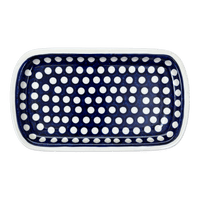 A picture of a Polish Pottery Shallow Serving Tray (Hello Dotty) | NDA210-A64 as shown at PolishPotteryOutlet.com/products/shallow-serving-tray-hello-dotty-nda210-64