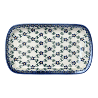 A picture of a Polish Pottery Shallow Serving Tray (Blue Lattice) | NDA210-6 as shown at PolishPotteryOutlet.com/products/shallow-serving-tray-blue-lattice-nda210-6