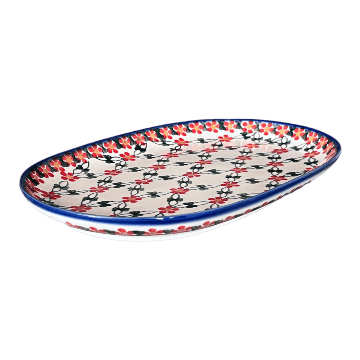 Plate, Oval, Shallow, 7" x 11" in "Red Lattice" by Andy | NDA245-20