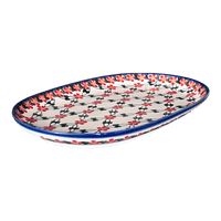 A picture of a Polish Pottery Shallow 7" x 11" Oval Plate (Red Lattice) | NDA245-20 as shown at PolishPotteryOutlet.com/products/7-x-11-oval-plate-red-lattice-nda245-20