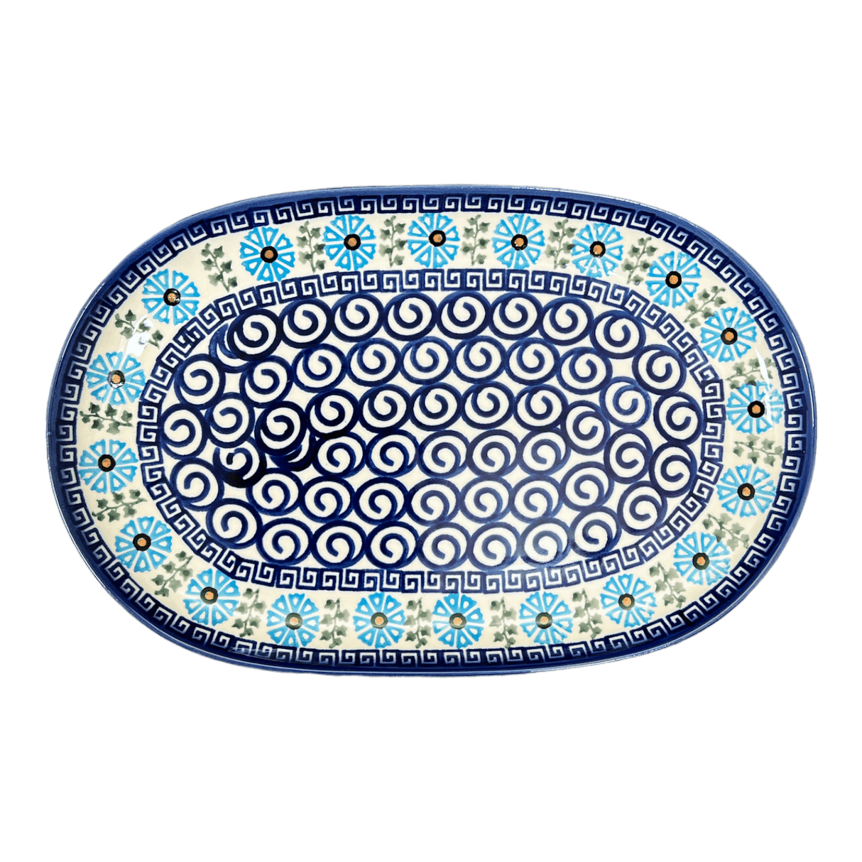 Plate, Oval, Shallow, 7" x 11" in "Blue Daisy Spiral" by Andy | NDA245-38