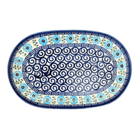 A picture of a Polish Pottery Shallow 7" x 11" Oval Plate (Blue Daisy Spiral) | NDA245-38 as shown at PolishPotteryOutlet.com/products/7-x-11-oval-plate-blue-daisy-spiral-nda245-38