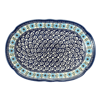 A picture of a Polish Pottery Wavy Edged Oval Platter (Blue Daisy Spiral) | NDA262-38 as shown at PolishPotteryOutlet.com/products/wavy-edged-oval-platter-blue-daisy-spiral-nda262-38