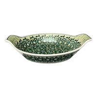 A picture of a Polish Pottery Small Round Tray/Baker with Handles (Shades of Green) | NDA273-49 as shown at PolishPotteryOutlet.com/products/small-round-tray-baker-with-handles-shades-of-green-nda273-49
