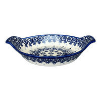 A picture of a Polish Pottery Small Round Tray/Baker with Handles (Snowfall) | NDA273-85 as shown at PolishPotteryOutlet.com/products/small-round-tray-baker-with-handles-snowfall-nda273-85