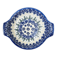 A picture of a Polish Pottery Small Round Tray/Baker with Handles (Snowfall) | NDA273-85 as shown at PolishPotteryOutlet.com/products/small-round-tray-baker-with-handles-snowfall-nda273-85