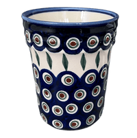 A picture of a Polish Pottery Large Ridged Tumbler (Peacock) | NDA345-43 as shown at PolishPotteryOutlet.com/products/large-ridged-tumbler-peacock-nda345-43