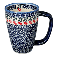 A picture of a Polish Pottery 16 oz. Cafe Mug (Cherries Jubilee) | NDA40-29 as shown at PolishPotteryOutlet.com/products/16-oz-cafe-mug-cherries-jubilee-nda40-29