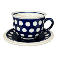 A picture of a Polish Pottery 10 oz. Cup & Saucer (Hello Dotty) | NDA44-A64 as shown at PolishPotteryOutlet.com/products/10-oz-cup-saucer-hello-dotty-nda44-64
