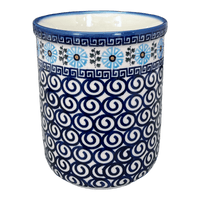 A picture of a Polish Pottery Wine Chiller/Utensil Holder (Blue Daisy Spiral) | NDA73-38 as shown at PolishPotteryOutlet.com/products/wine-chiller-utensil-holder-blue-daisy-spiral-nda73-38
