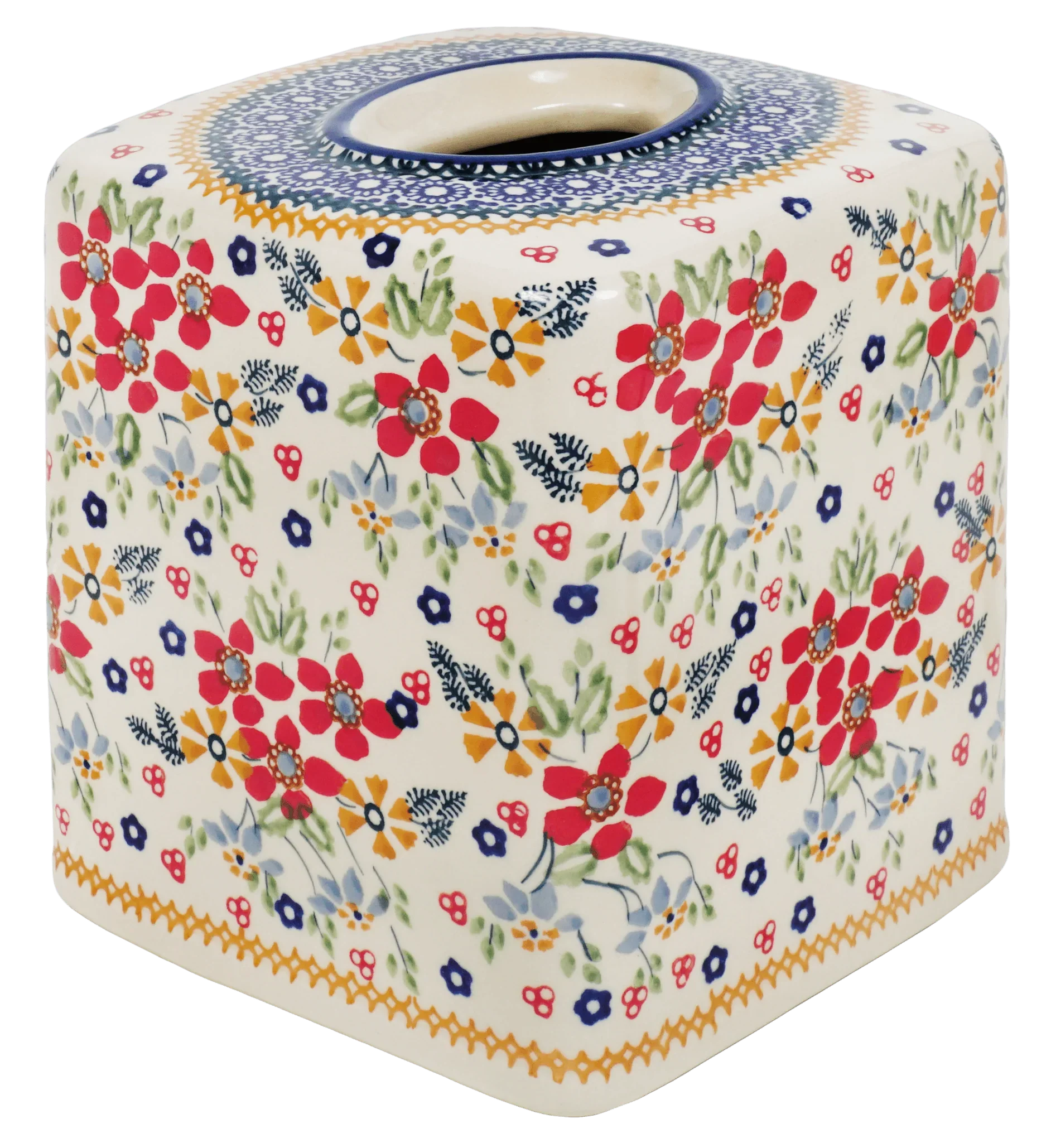 Colorful Ceramic Tissue Box Cover, 'Cobalt Flowers